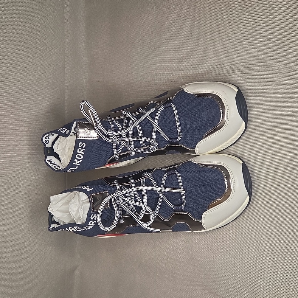 NWOT Michael Kors Hilda Knit & Leather Sock Wedge Heel Lace Up Trainers Sneakers - Picture 2 of 5